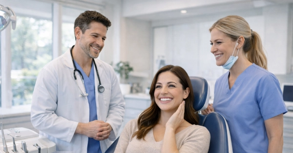 Bright modern dental clinic with patient in chair and dental team preparing  Dentist Office Near Me in San Francisco.